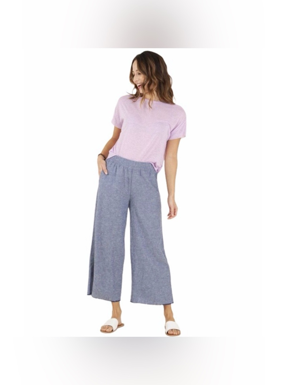 TAHARI 100% Linen Wide Leg Pull-On Ankle Pants Indigo Chambray Blue Women Large